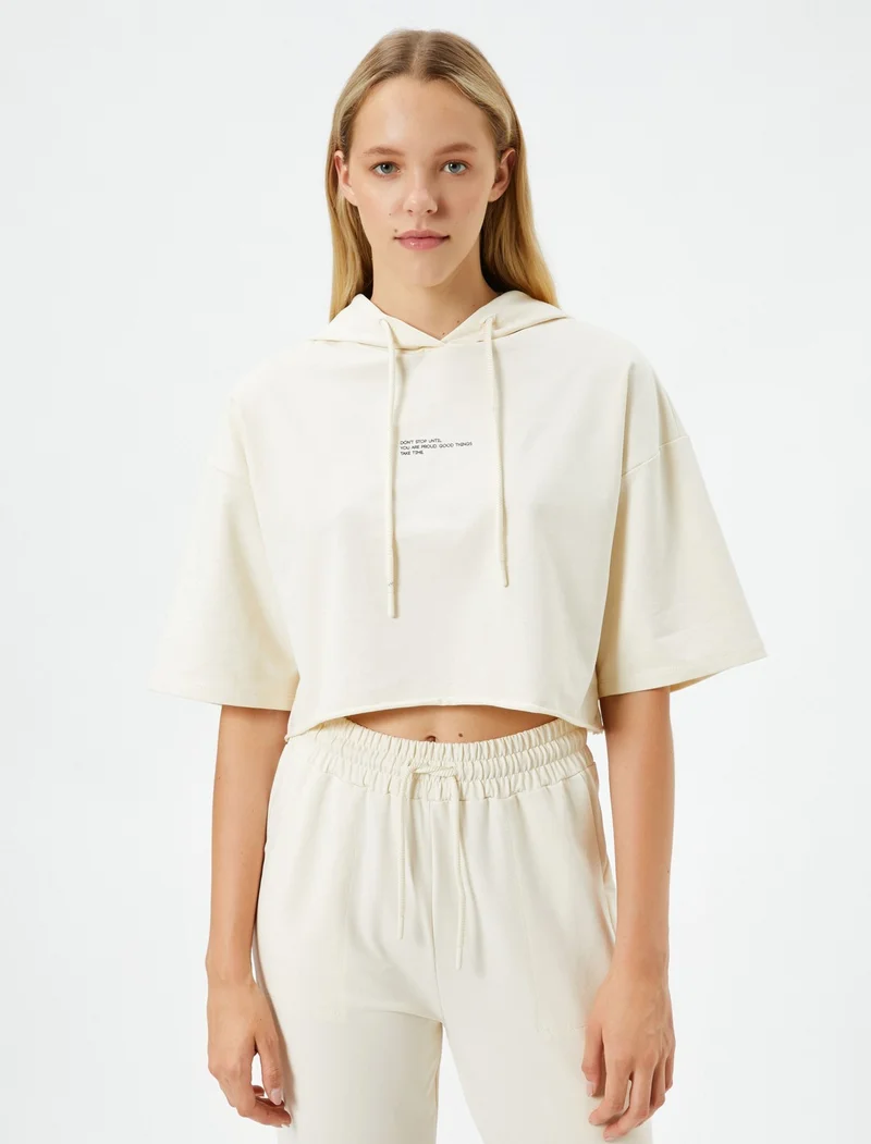 كوتون Crop T-Shirt Hooded Short Sleeve Slogan Printed Cotton
