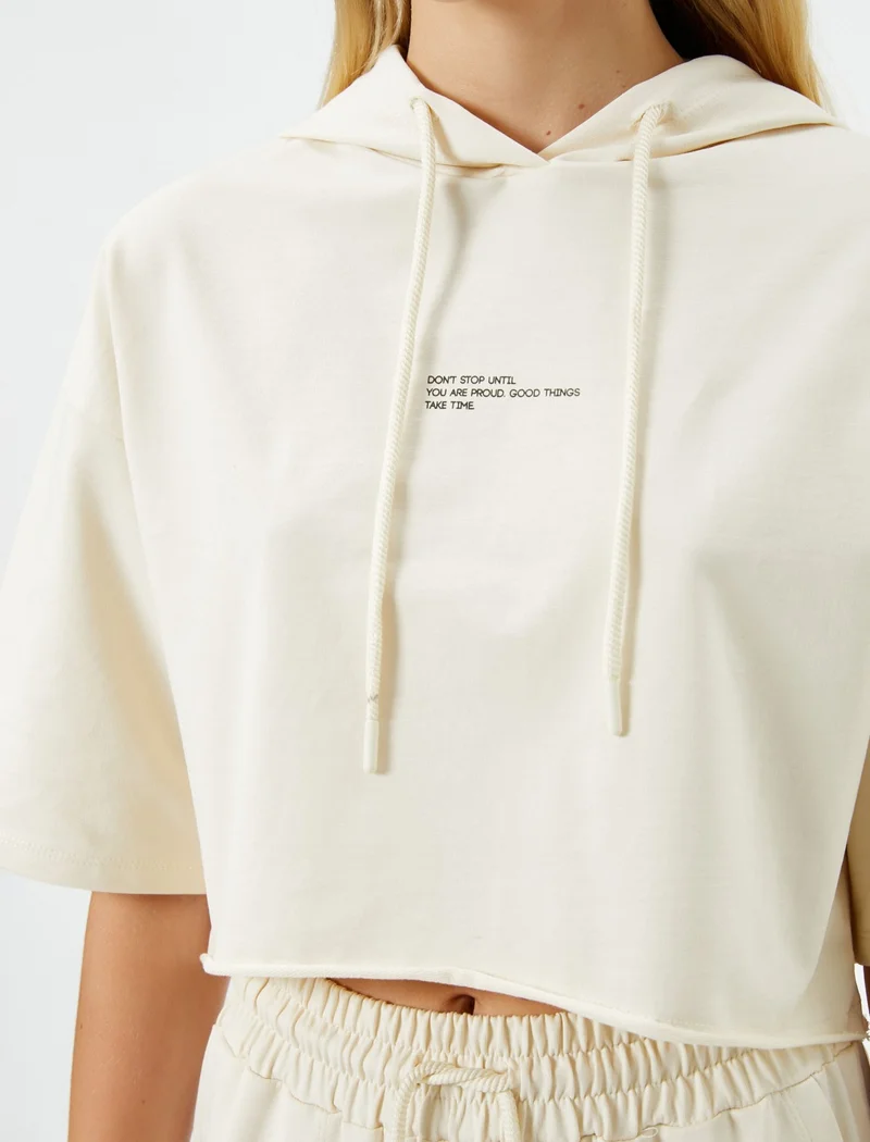 كوتون Crop T-Shirt Hooded Short Sleeve Slogan Printed Cotton