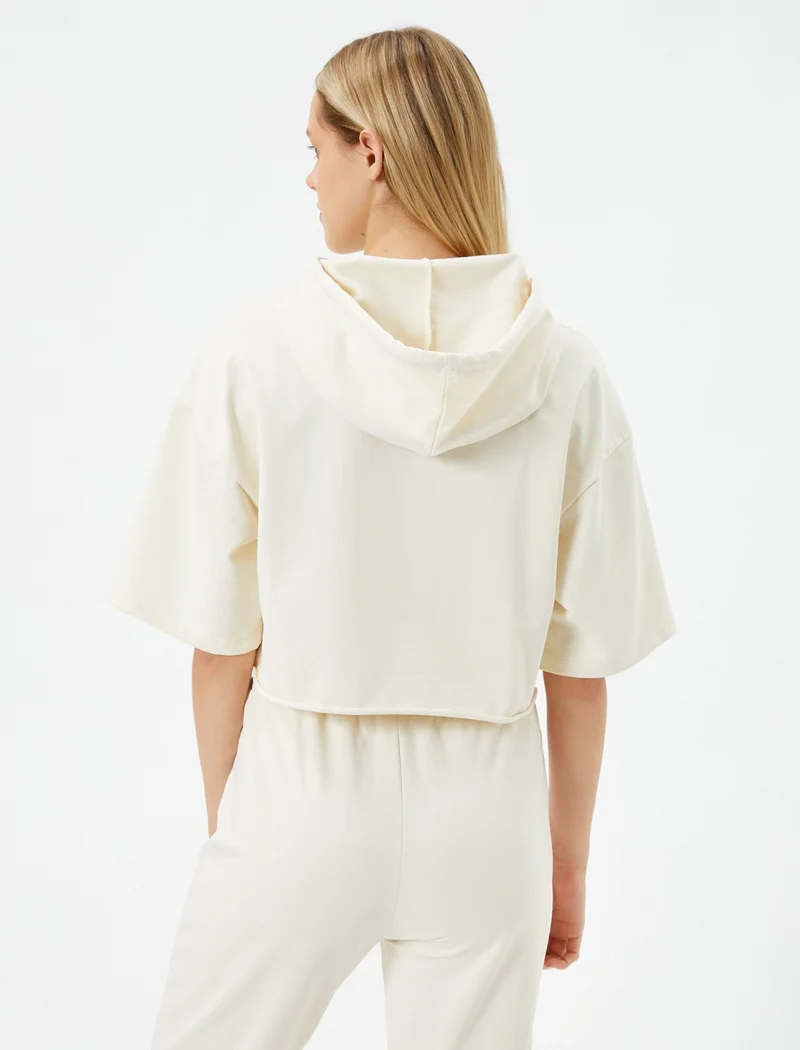 كوتون Crop T-Shirt Hooded Short Sleeve Slogan Printed Cotton