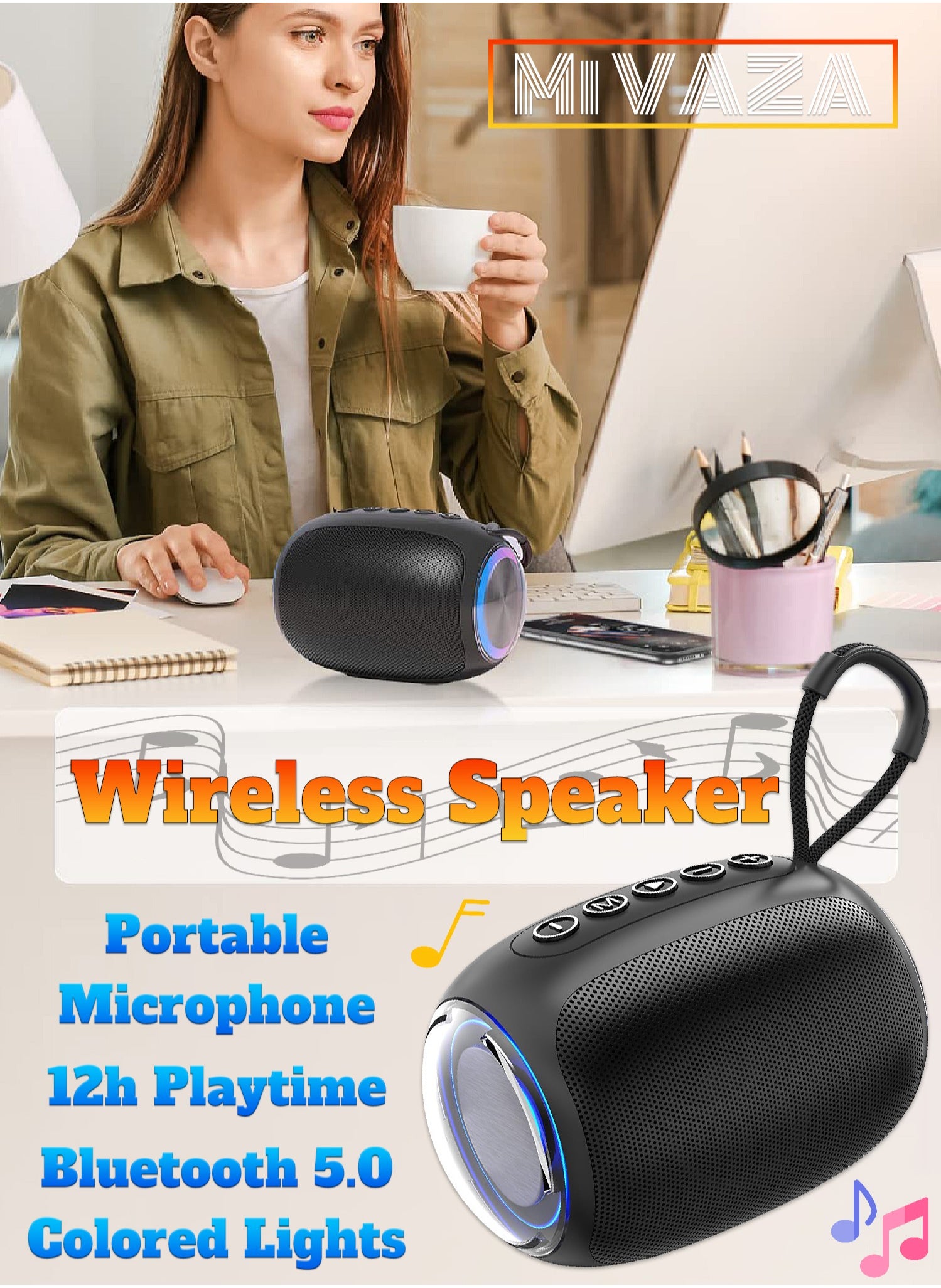 Wireless Bluetooth Speaker - Portable Mini Speaker With 1200mAh Battery - RGB Light - TWS Stereo Sound - Built-in Microphone - Support TF Card and USB Drive 