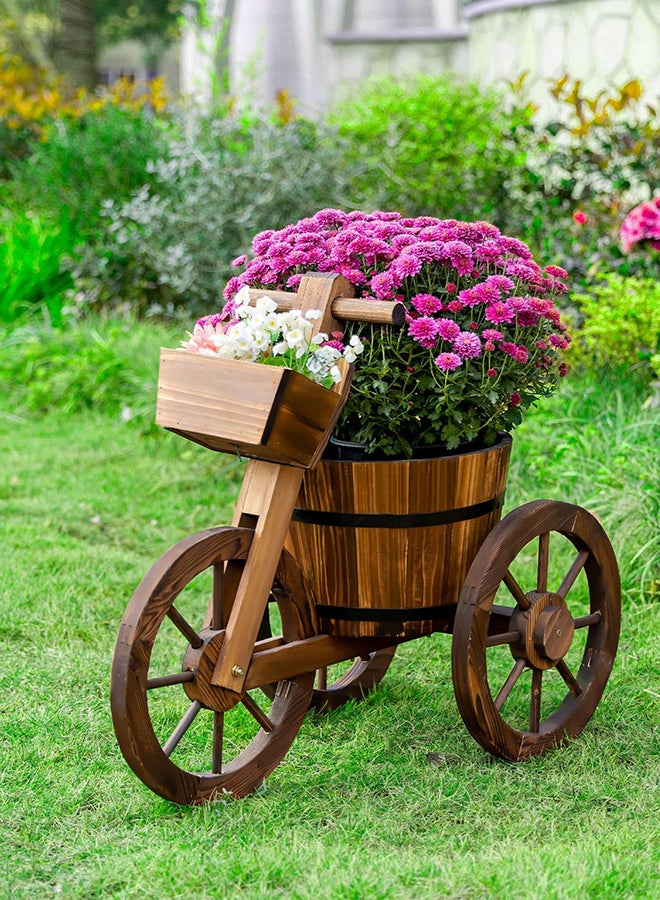 HOME TASTE وعاء زهور خشبي على شكل دورة – ديكور حديقة عربة نباتات مع 3 عجلات لتزيين الفناء الخارجي، العشب، الفناء الخلفي – مزهرية برميل خشبي للزراعة - Image 1