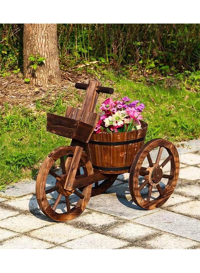 HOME TASTE وعاء زهور خشبي على شكل دورة – ديكور حديقة عربة نباتات مع 3 عجلات لتزيين الفناء الخارجي، العشب، الفناء الخلفي – مزهرية برميل خشبي للزراعة - Image 3