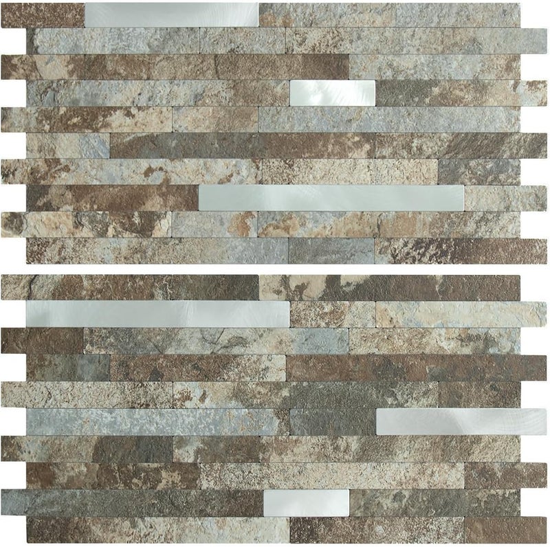 AULIGET 20 Sheets Beige & Brown Slate Peel and Stick Backsplash, PVC Mixed Metal Silver Wall Tile Stick on Backsplash for Kitchen and Bathroom - Image 1