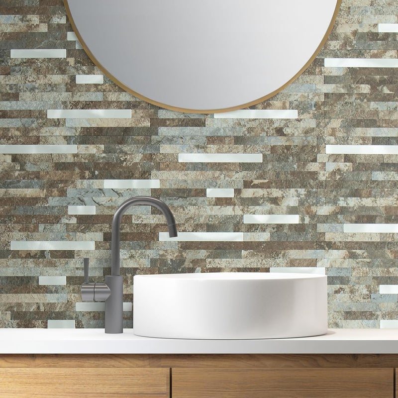 AULIGET 20 Sheets Beige & Brown Slate Peel and Stick Backsplash, PVC Mixed Metal Silver Wall Tile Stick on Backsplash for Kitchen and Bathroom - Image 4
