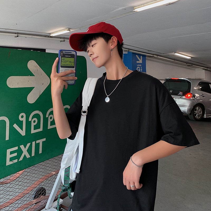 2025 New Short-Sleeved Men's Loose T-Shirt Summer Clothes Hong Kong Style Five-Quarter Sleeve Ins Top Pure Color Half-Sleeved T-Shirt for Men - Image 2