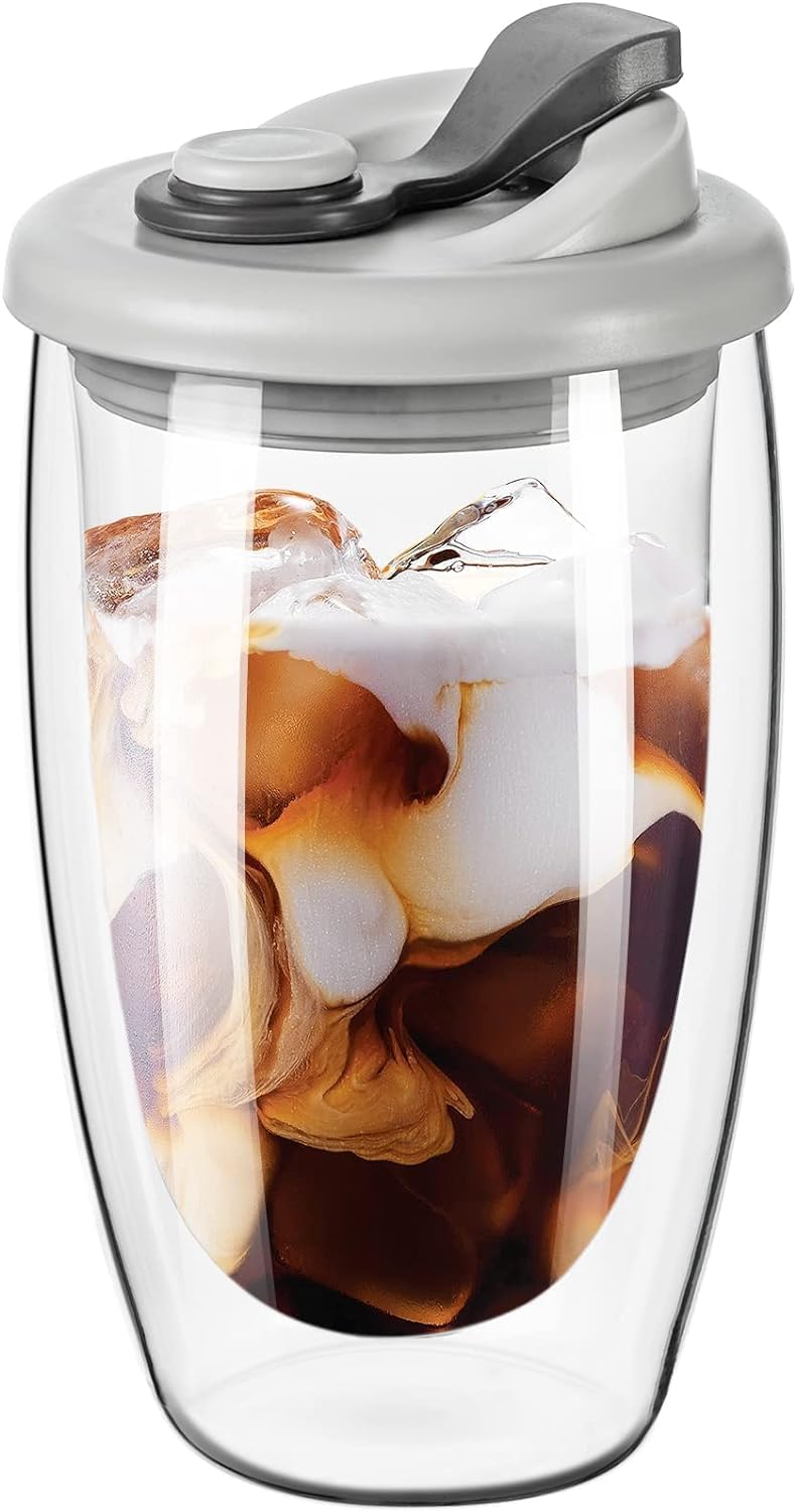 Tazweeq Double Wall Glass Coffee Mug with Silicone Lid - 15oz Insulated Cup for Hot and Cold Drinks - Image 1