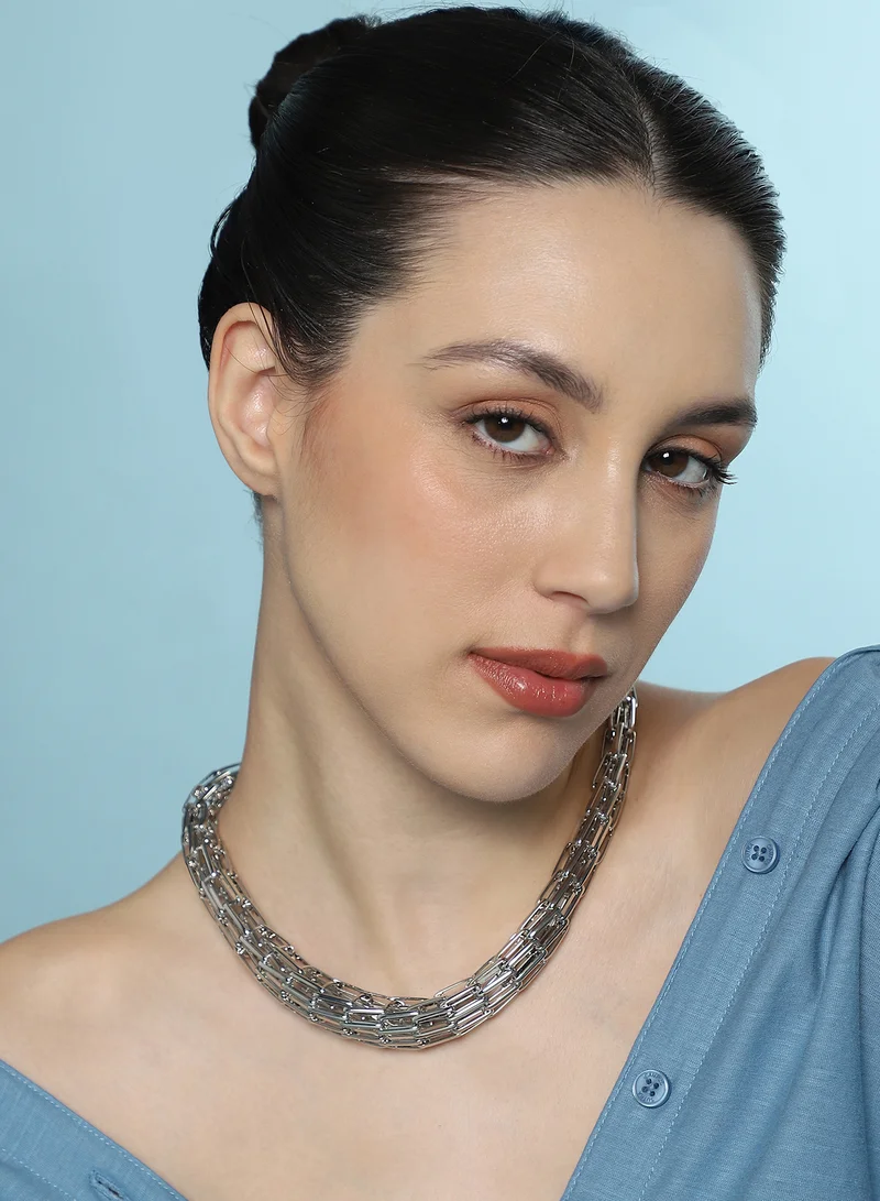 SOHI SOHI Women The Braid Pin-Link Chain Necklace | Chrome  Colour | One-Size | Metallic Alloy Material | Lobster Clasp Closure | Necklace For Casual & Evening Wear