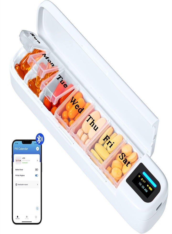 منظم حبوب ذكي مع منبه، صندوق حبوب يومي يعمل بالبلوتوث (7 أيام مع تطبيق)، صندوق حبوب سفر أسبوعي، تذكير محمول بالحبوب للأدوية والمكملات الغذائية والحبوب والفيتامينات (أبيض) - Image 1