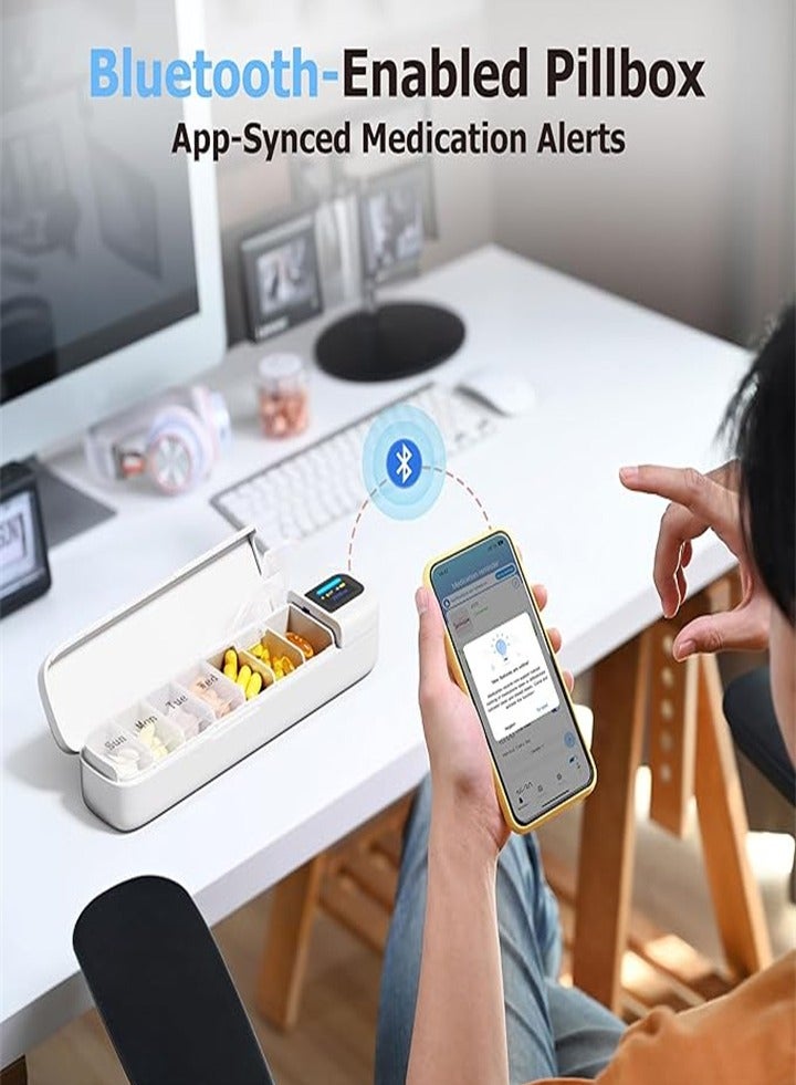 منظم حبوب ذكي مع منبه، صندوق حبوب يومي يعمل بالبلوتوث (7 أيام مع تطبيق)، صندوق حبوب سفر أسبوعي، تذكير محمول بالحبوب للأدوية والمكملات الغذائية والحبوب والفيتامينات (أبيض) - Image 3