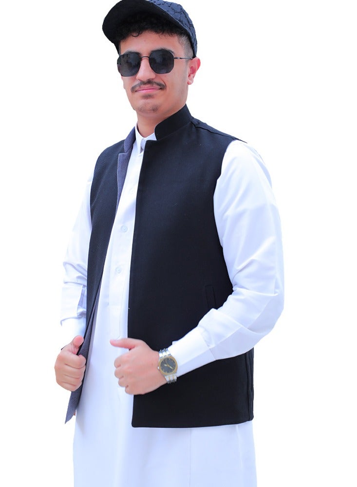 آر إس سديري رجالي دبل فيس صوف كشميري اسود رصاصي - Image 3