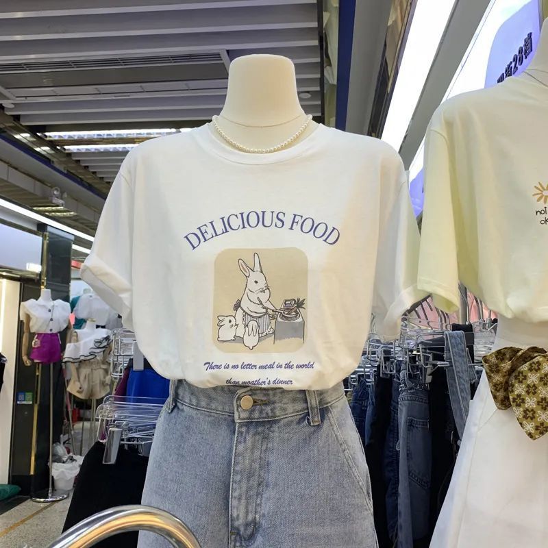 Super Hand-Feeling Modal Korean Style Bunny Sweet Loose All-Match 2025 Cartoon Printed Casual Short-Sleeved T-Shirt For Women - Image 1