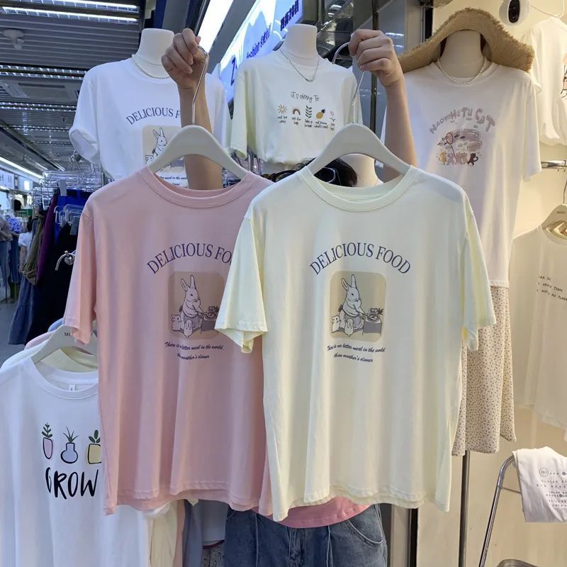 Super Hand-Feeling Modal Korean Style Bunny Sweet Loose All-Match 2025 Cartoon Printed Casual Short-Sleeved T-Shirt For Women - Image 2