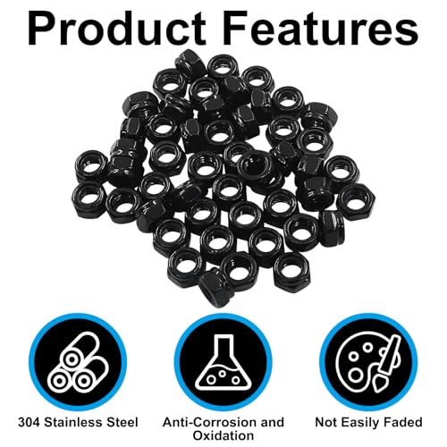 Murtenze 50Pcs Hex Lock Nuts, M5 x 0.8mm Stainless Steel Black Nylon Insert Self-Locking Nuts, for Fasteners - Image 4