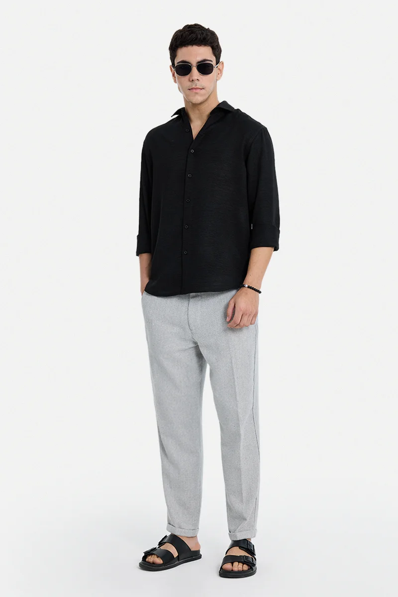 SNITCH Black Textured Long Sleeve Slim Fit Casual Shirt