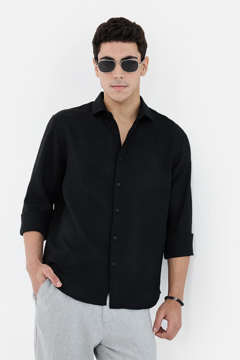 SNITCH Black Textured Long Sleeve Slim Fit Casual Shirt