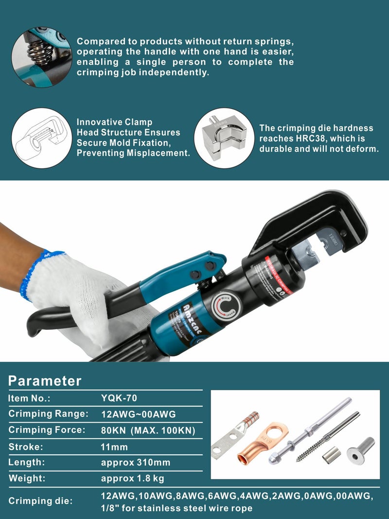 AMZCNC Hand Operated Hydraulic Crimping Tool Range 12 AWG-2/0 AWG for Cable Lugs Hydraulic Crimping Crimper Wire Terminal Lug Tool with 9 Pairs of Dies - Image 2