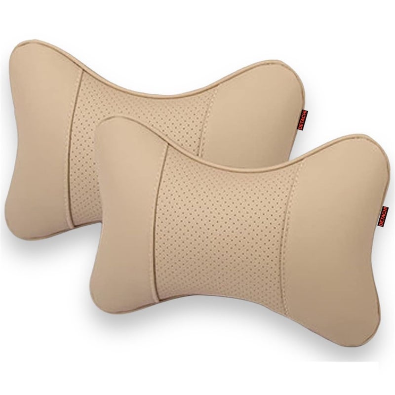 DETACHI Car Neck Rest Pillows Neck Support Headrest Car Pillow Rest Cushion Support & Shoulder for Long Driving Made of Faux Leather with Soft PollyFiber Filling and Elastic Stripes Beige - Image 2