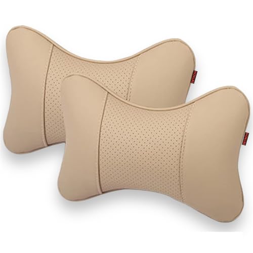 DETACHI Car Neck Rest Pillows Neck Support Headrest Car Pillow Rest Cushion Support & Shoulder for Long Driving Made of Faux Leather with Soft PollyFiber Filling and Elastic Stripes Beige - Image 1