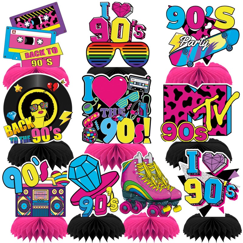 DTOFOOT 10 Pcs 90s Party Decorations, 90s Retro Honeycomb Centerpieces Back to 90s Party Table Centerpieces 1990s Vintage Birthday Party Favors Supplies 90s Themed Party Decorations - Image 1