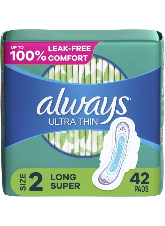 Always Ultra Thin, Feminine Pads for Women, Size 2 Long Super Absorbency, with Wings, Unscented, (Pack of 42) - Image 1