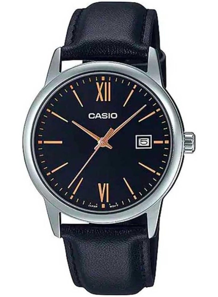 Casio Men's Analog Watch – Black Dial, Black Leather Strap