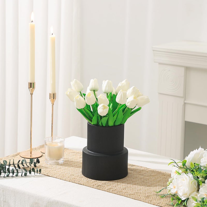 YANWE1 Black Ceramic Flower Vase, Large Ceramic Vase, Boho Decorative Vases for Modern Decor, Ribbed Vase, Pampas Grass Vases for Living Room, Office, Mantel, Shelf, Dining Table, 7.5 Inches - Image 4
