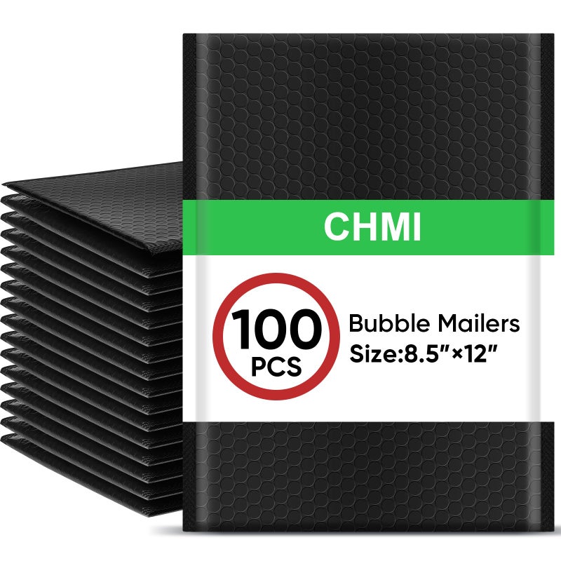 CHMI Black Bubble Mailers 8.5 x 12 Inch 100 Pack, Usable Size 8.25X12 Inch Poly Mailers,Mailing Envelopes,Shipping Mailerï¼ŒOpaque Self Seal Adhesive Waterproof Bags for Packaging and Shipping. - Image 1