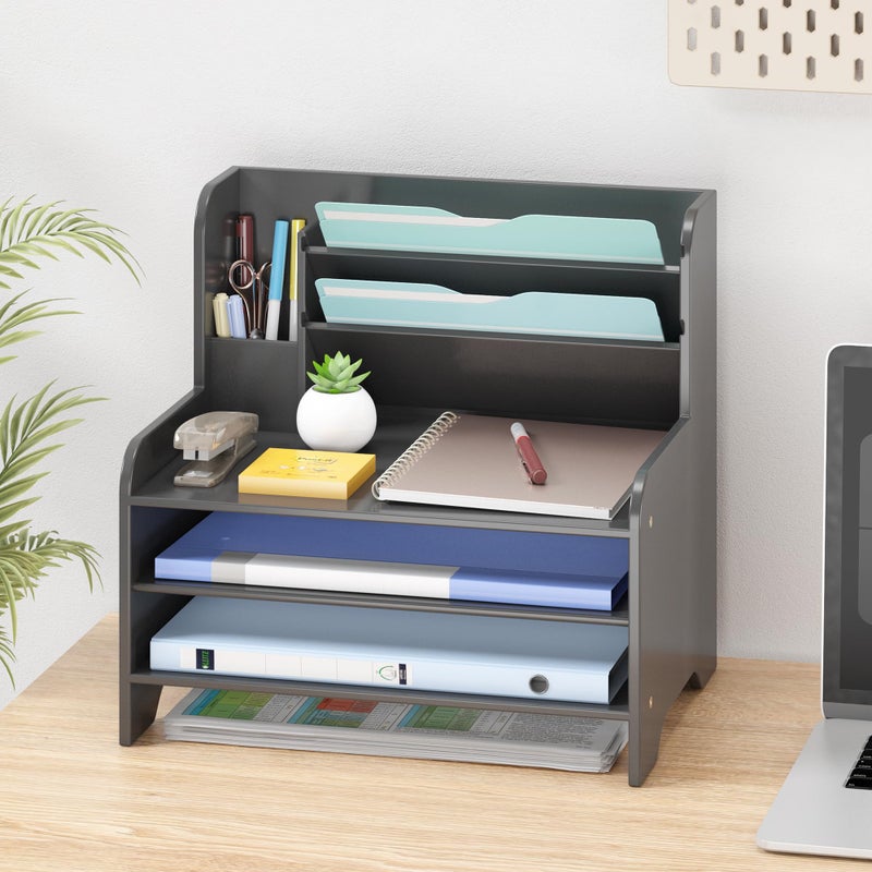 Wisuce Essentials Bamboo Desk Organizer Mail Holder Countertop Letter Tray File Desktop Mail Holder Countertop Organizer for Desktop Letter Sorter Paper File Storage for School Home Office Supplies - Image 1