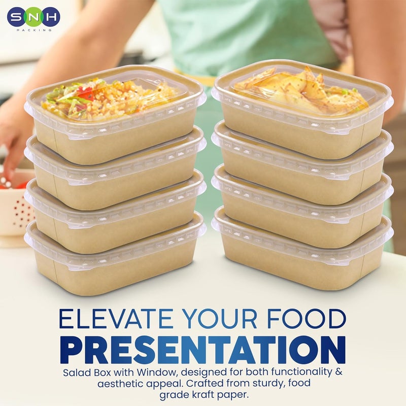 SNH Packing Disposable 10-Pack Kraft Paper Containers 650 ml with Lid, Rectangular Disposable Bowls, Sturdy Food Salad Containers, Eco-Friendly Takeaway Lunch Boxes, Microwave Safe, Heavy Duty Meal Prep Box - Image 4