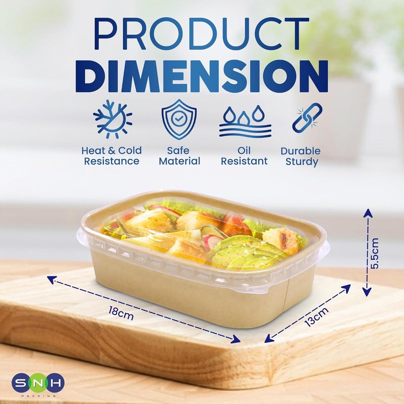 SNH Packing Disposable 10-Pack Kraft Paper Containers 650 ml with Lid, Rectangular Disposable Bowls, Sturdy Food Salad Containers, Eco-Friendly Takeaway Lunch Boxes, Microwave Safe, Heavy Duty Meal Prep Box - Image 2