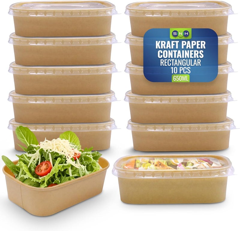 SNH Packing Disposable 10-Pack Kraft Paper Containers 650 ml with Lid, Rectangular Disposable Bowls, Sturdy Food Salad Containers, Eco-Friendly Takeaway Lunch Boxes, Microwave Safe, Heavy Duty Meal Prep Box - Image 1