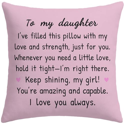 HERHOME to My Daughter Pink Throw Pillow Cover 18x18 Inch, Daughter Birthday Gifts from Mom Dad, Soft Christmas Cushion Case Gifts for Girls, I Love You - Image 1