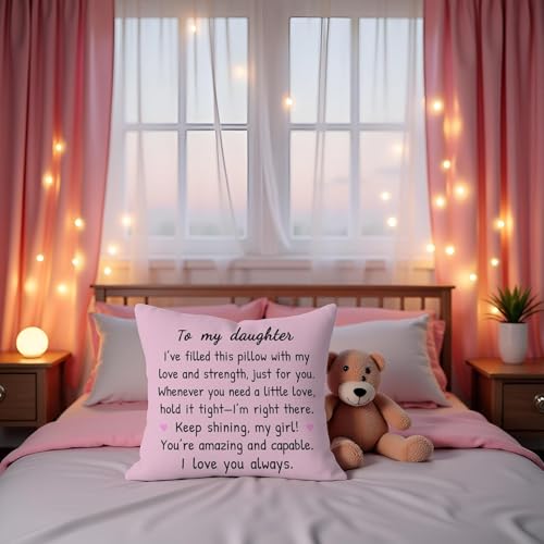 HERHOME to My Daughter Pink Throw Pillow Cover 18x18 Inch, Daughter Birthday Gifts from Mom Dad, Soft Christmas Cushion Case Gifts for Girls, I Love You - Image 2