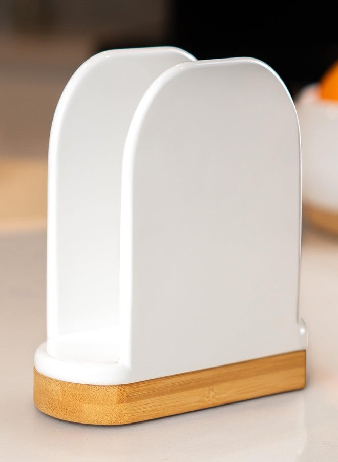 DAILY RITMO® White Standing Napkin Holder with Bamboo Bottom | Extended Weighted Base Vertical Design for Large Disposable Guest Towels & Paper Napkins | Modern Ceramic-Like Resin - Image 1