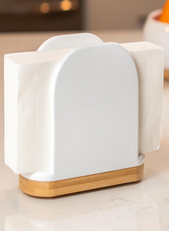 DAILY RITMO® White Standing Napkin Holder with Bamboo Bottom | Extended Weighted Base Vertical Design for Large Disposable Guest Towels & Paper Napkins | Modern Ceramic-Like Resin - Image 4