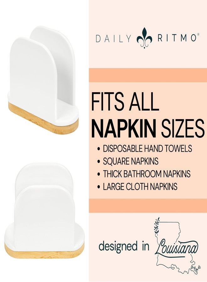 DAILY RITMO® White Standing Napkin Holder with Bamboo Bottom | Extended Weighted Base Vertical Design for Large Disposable Guest Towels & Paper Napkins | Modern Ceramic-Like Resin - Image 5