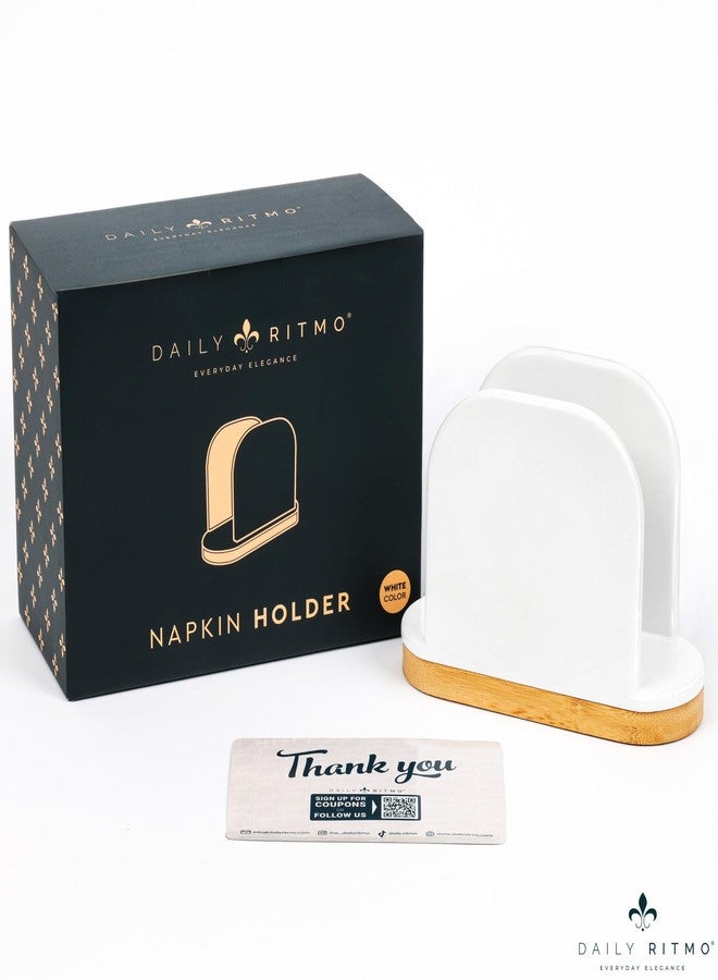DAILY RITMO® White Standing Napkin Holder with Bamboo Bottom | Extended Weighted Base Vertical Design for Large Disposable Guest Towels & Paper Napkins | Modern Ceramic-Like Resin - Image 3