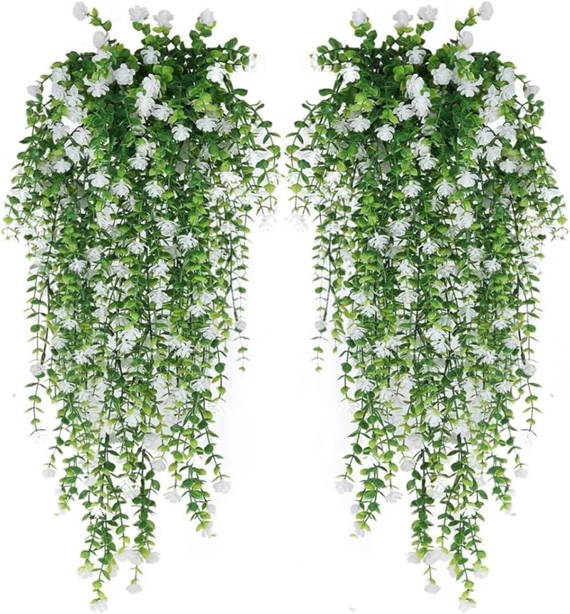 VRB Dec 2 Pcs Artificial Dry Baby's Breath Greenery Hanging Plants Vines Fake Ivy Hanging Flowers Vine Wall Hanging for Home Decor,Wall,Balcony Decoration. (4, White Euclyptus Fern Hanging) - Image 1