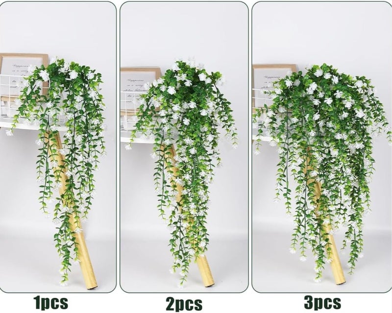 VRB Dec 2 Pcs Artificial Dry Baby's Breath Greenery Hanging Plants Vines Fake Ivy Hanging Flowers Vine Wall Hanging for Home Decor,Wall,Balcony Decoration. (4, White Euclyptus Fern Hanging) - Image 4