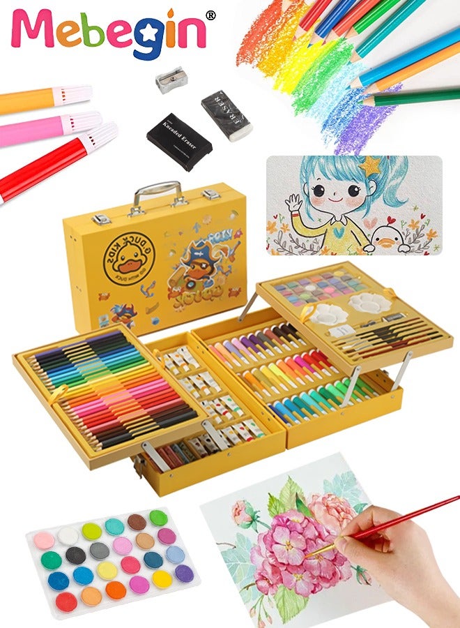 145PCS Art Supplies Case with Colored Pencils and Watercolor Cakes, Deluxe Double-layer Painting Set with Storage Case, Portable Drawing Tools for Artists and Beginners, Ideal Gift for Kids Loving Paiting