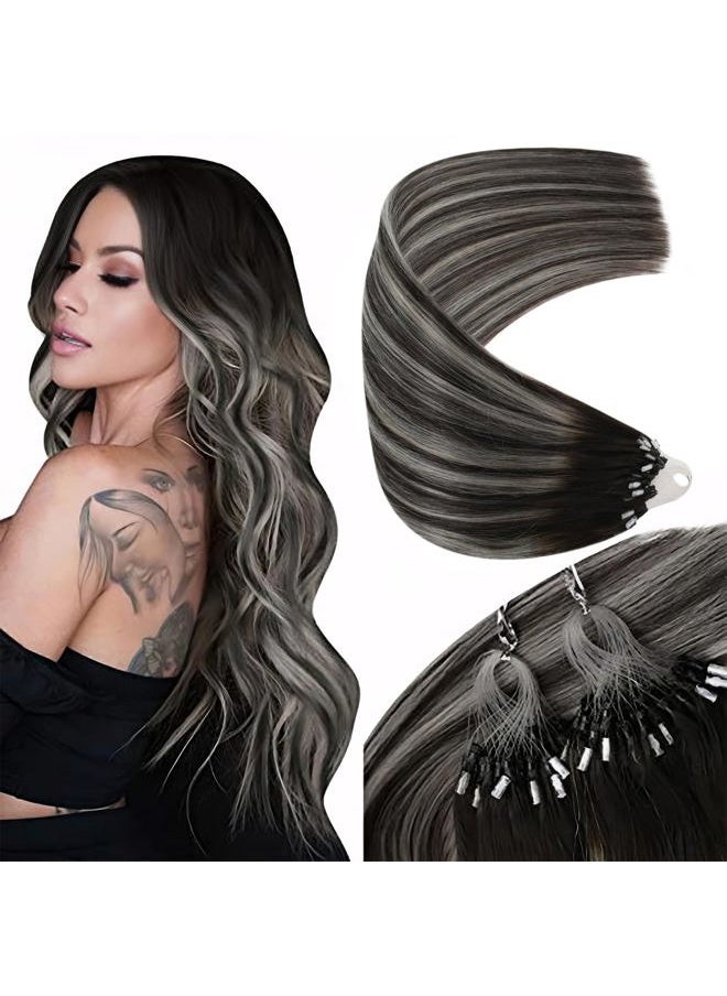 Sunny Hair Black Micro Bead Hair Extensions Human Hair Balayage Micro Loop Hair Extensions Natural Black Roots to Silver Grey Balayage Micro Link Hair Extensions Human Hair Soft and Silky 50G 20Inch  - Image 1
