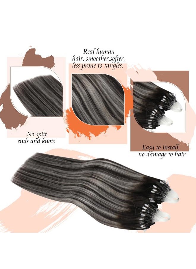 Sunny Hair Black Micro Bead Hair Extensions Human Hair Balayage Micro Loop Hair Extensions Natural Black Roots to Silver Grey Balayage Micro Link Hair Extensions Human Hair Soft and Silky 50G 20Inch  - Image 3
