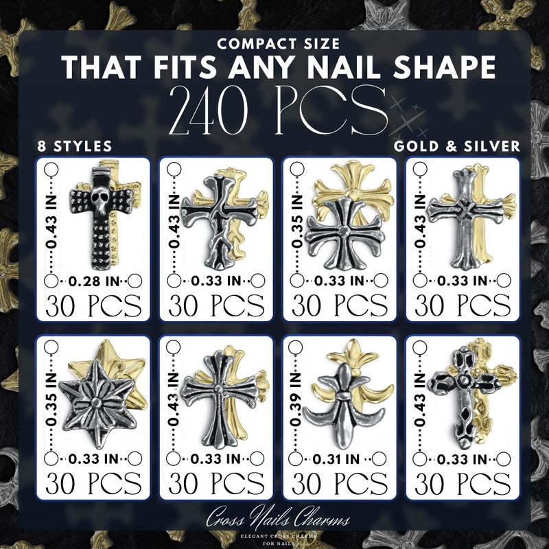 ZOKLU Silver and Gold Cross Nail Charms â€“ 240 Pcs Cross Charms for Nails Crafted from Acrylic & Alloy, Long-Lasting Metallic Shine â€“ Easy-to-Use Nail Decorations for Home, Salon & Holiday Manicure Ideas - Image 2