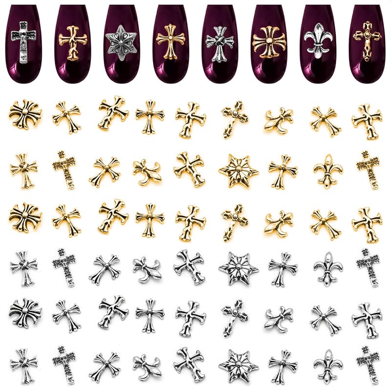ZOKLU Silver and Gold Cross Nail Charms â€“ 240 Pcs Cross Charms for Nails Crafted from Acrylic & Alloy, Long-Lasting Metallic Shine â€“ Easy-to-Use Nail Decorations for Home, Salon & Holiday Manicure Ideas - Image 1