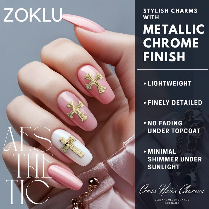 ZOKLU Silver and Gold Cross Nail Charms â€“ 240 Pcs Cross Charms for Nails Crafted from Acrylic & Alloy, Long-Lasting Metallic Shine â€“ Easy-to-Use Nail Decorations for Home, Salon & Holiday Manicure Ideas - Image 3