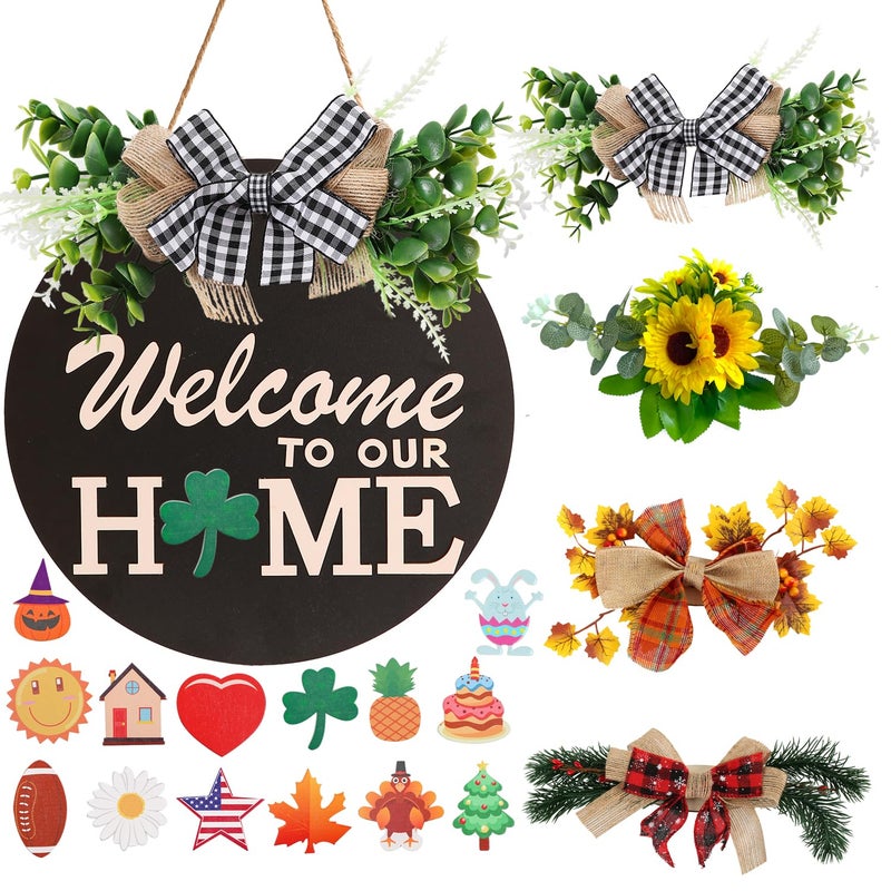 HOMCDALY Interchangeable Welcome Sign for Front Door Decoration with 4 Seasonal Wreaths and 14 Holiday Icons, Black Welcome Door Hanger, Rustic Wooden Front Porch Sign Home dÃ©corï¼ˆBlackï¼‰ - Image 1