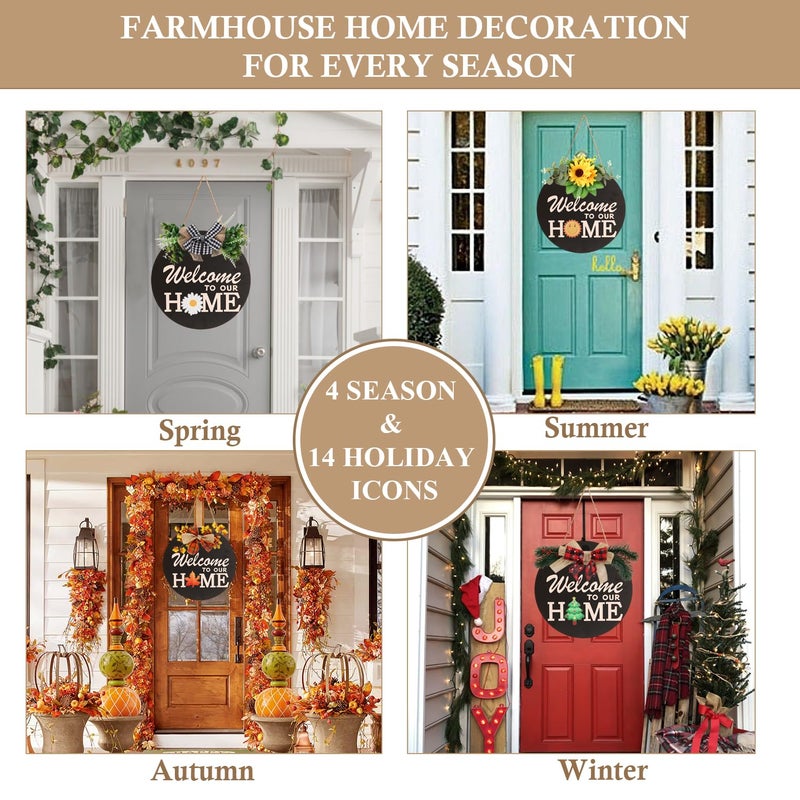 HOMCDALY Interchangeable Welcome Sign for Front Door Decoration with 4 Seasonal Wreaths and 14 Holiday Icons, Black Welcome Door Hanger, Rustic Wooden Front Porch Sign Home dÃ©corï¼ˆBlackï¼‰ - Image 2