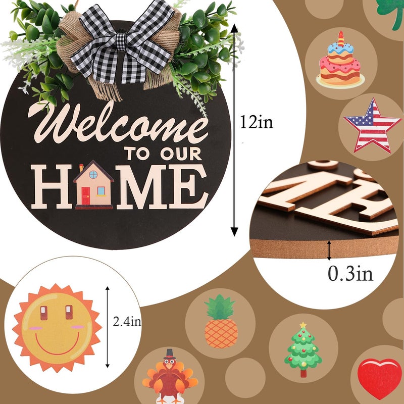 HOMCDALY Interchangeable Welcome Sign for Front Door Decoration with 4 Seasonal Wreaths and 14 Holiday Icons, Black Welcome Door Hanger, Rustic Wooden Front Porch Sign Home dÃ©corï¼ˆBlackï¼‰ - Image 4