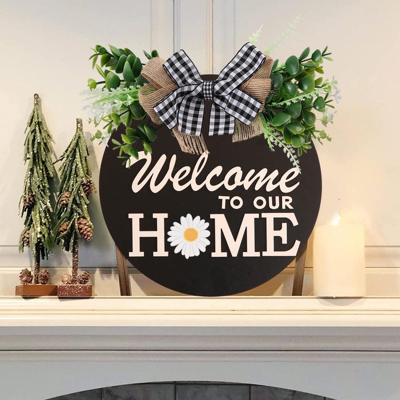 HOMCDALY Interchangeable Welcome Sign for Front Door Decoration with 4 Seasonal Wreaths and 14 Holiday Icons, Black Welcome Door Hanger, Rustic Wooden Front Porch Sign Home dÃ©corï¼ˆBlackï¼‰ - Image 3