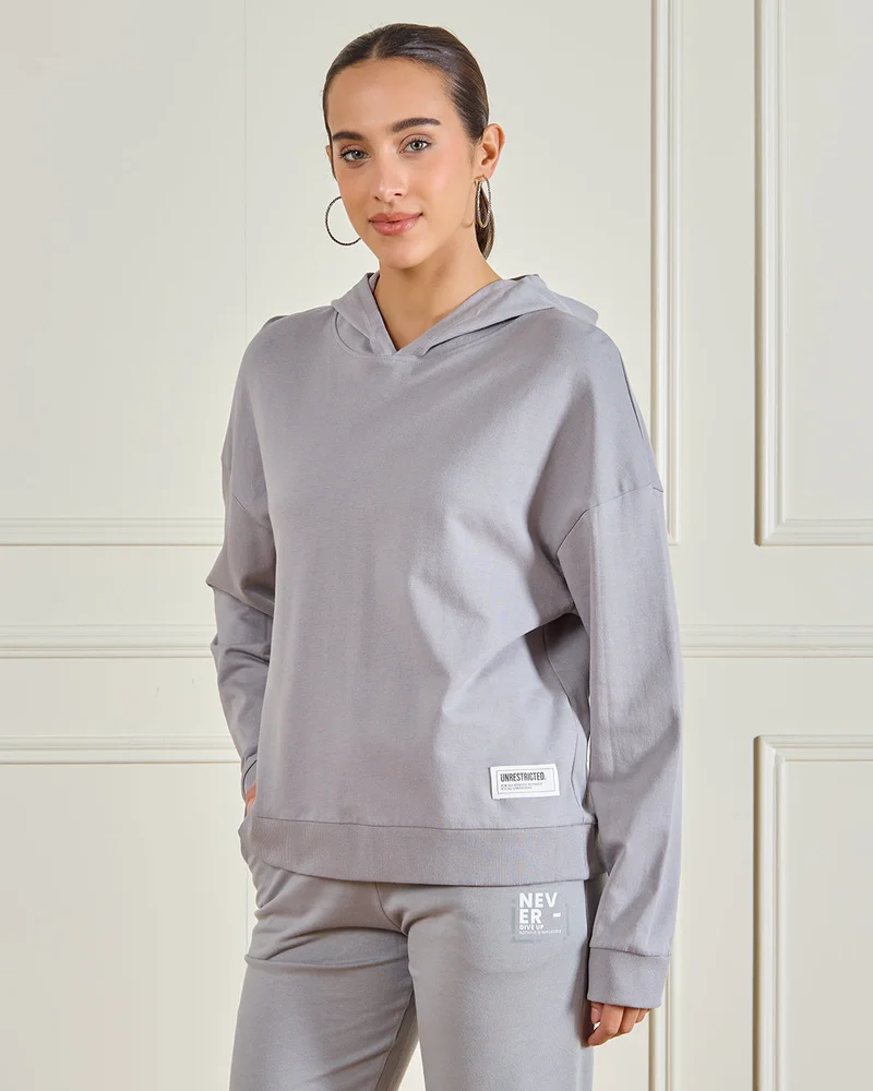 REDTAG Women Grey Basic Hooded Sweatshirt